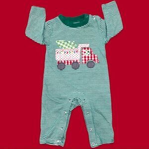 JELLYBEAN Size 3M Green & White Stripe Appliquéd Long Sleeve Romper